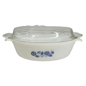 Vintage‎ Anchor Hocking Fire King Milk Glass Cornflower Lidded Casserole #433